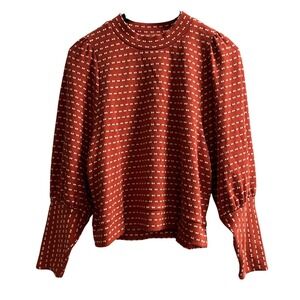 Madewell Top Womens L Burnt Orange Bow Tie Jacquard Mock Neck Balloon Sleeve